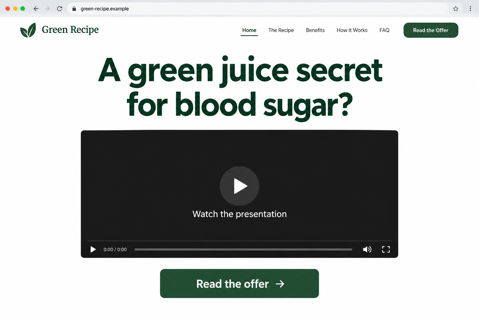 Illustrative green juice recipe video page advertising a blood sugar secret