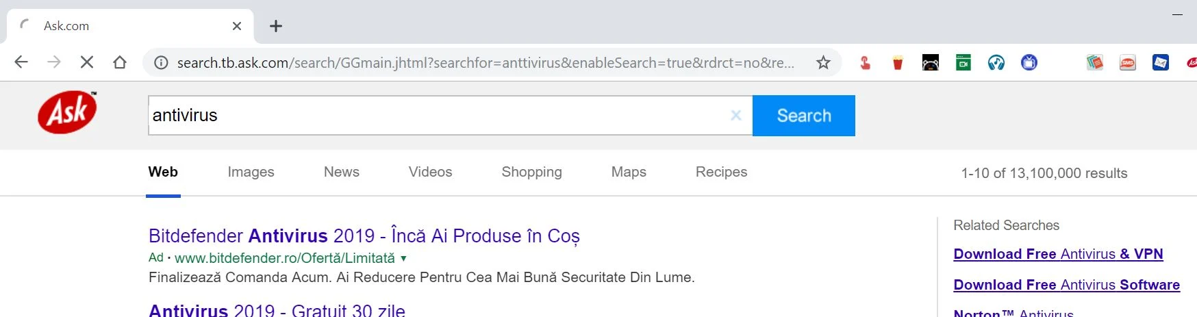 Image: Chrome browser is redirected to Search.tb.ask.com
