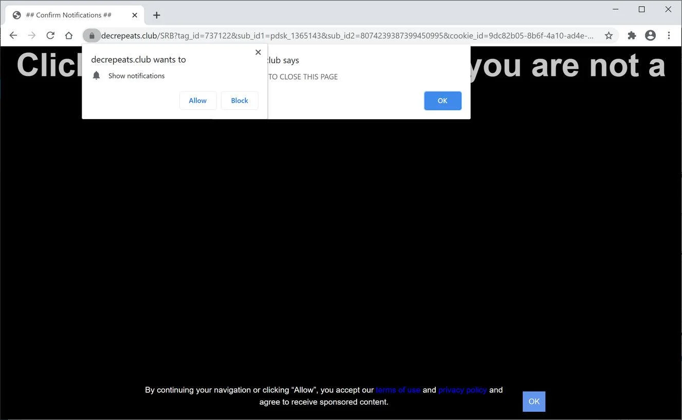 Image: Chrome browser is redirected to Decrepeats.club