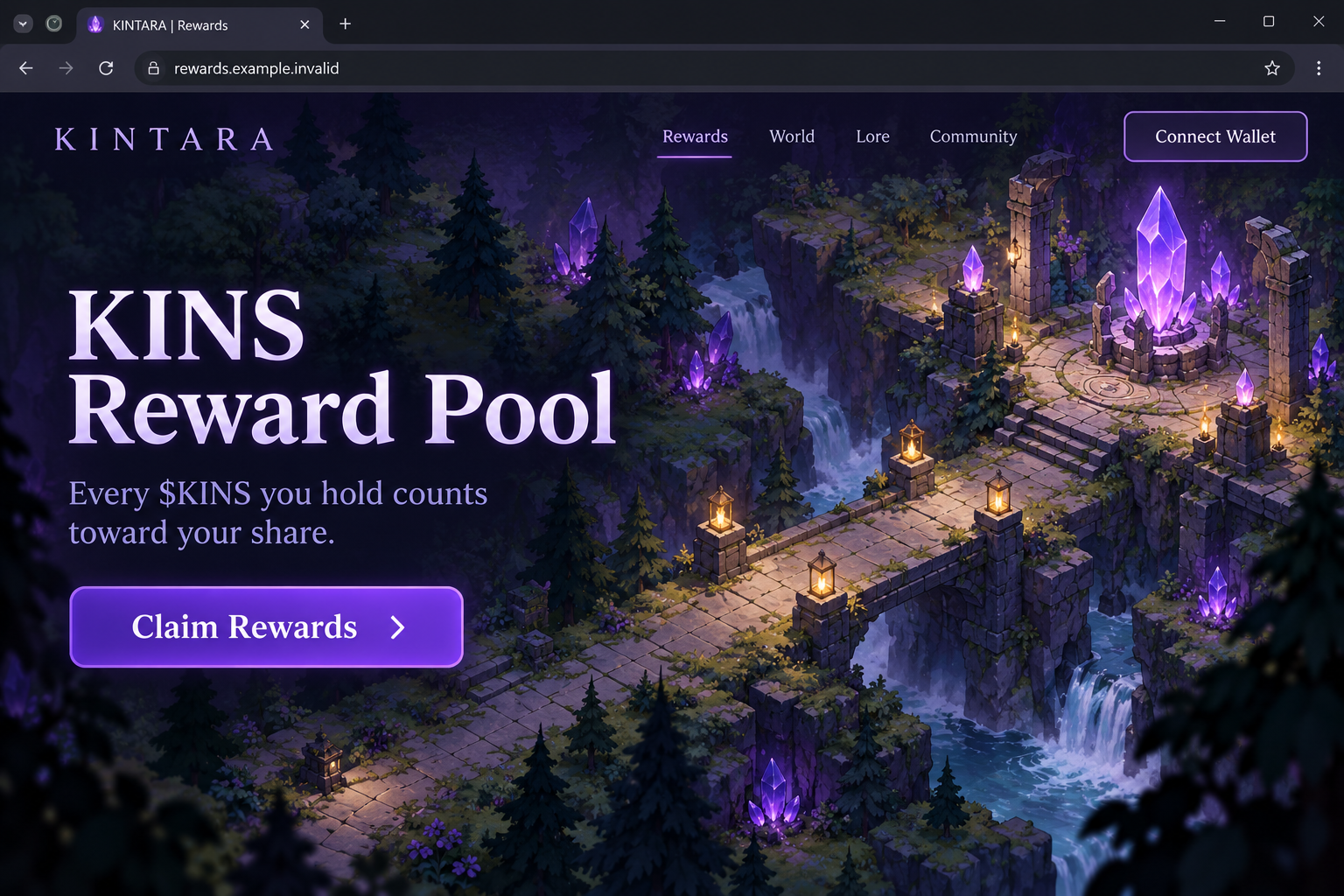 Illustrative Kintara-themed gaming rewards page with a KINS reward pool and wallet buttons