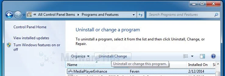 [Image: Uninstall MediaPlayerEnhance program from Windows]