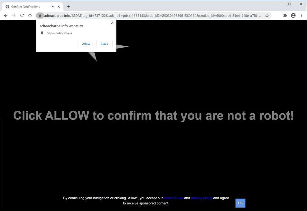 Remove Adteacbarbe.info pop-up ads (Virus Removal Guide) 1 Image: Chrome browser is redirected to Adteacbarbe.info