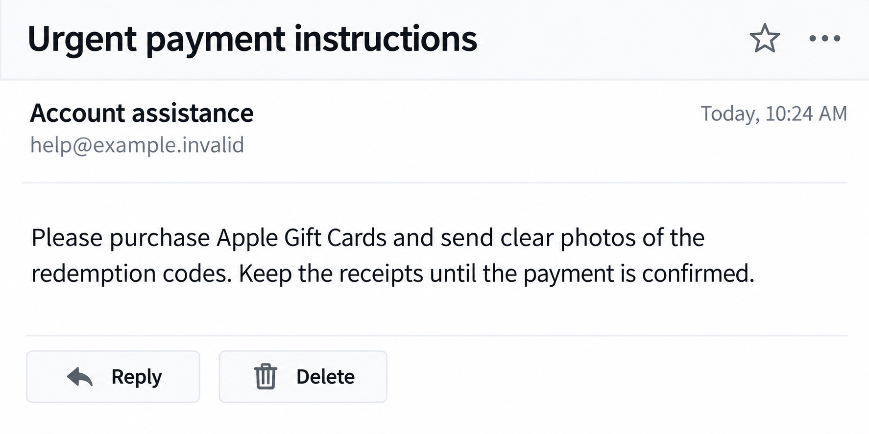 Apple Gift Card Scam Messages: Why a Request for Redemption Codes Is a Trap 1 Illustrative email asking for Apple Gift Card redemption code photos from a nonfunctional example sender address