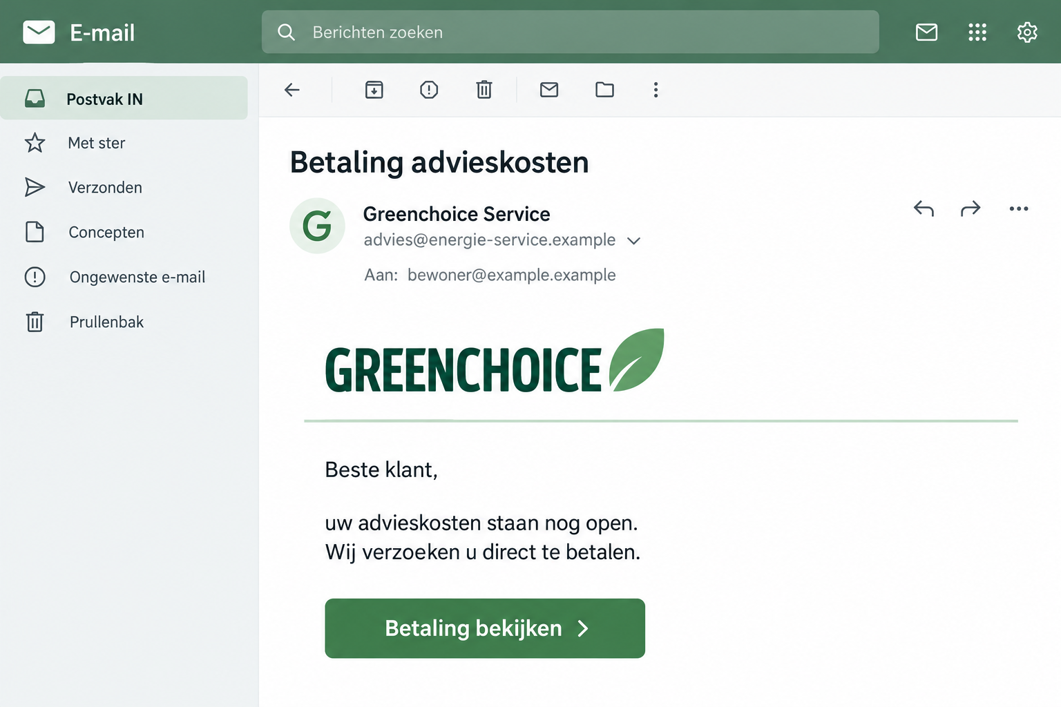 Greenchoice Phishing Scam: Fake Advice Fees and Urgent Payment Demands 1 Generated example of an email impersonating Greenchoice and demanding advice costs