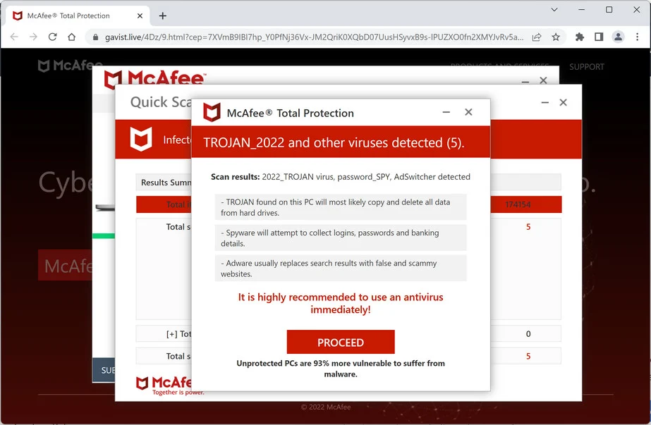 Don't Fall for the Mcafee "Security Warning" Pop-up Scam 5 Image: Gavist.live Fake McAfee Virus Alert