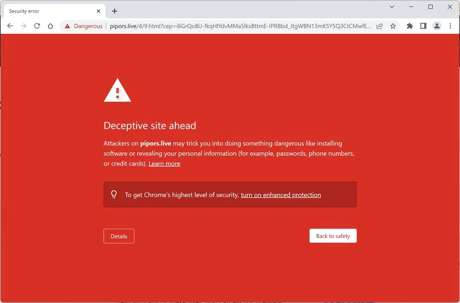 Image: Chrome browser is redirected to Pipors.live