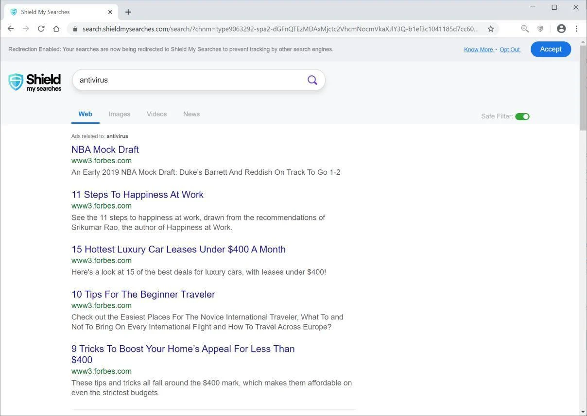 Image: Chrome browser is redirected to Shield My Searches Search