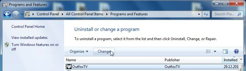 [Image: Uninstall the Outfox.TV program from Windows]