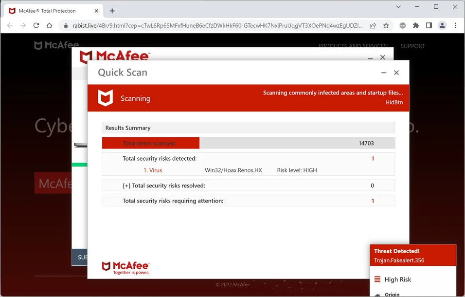 Image: Rabist.live Fake McAfee Virus Alert