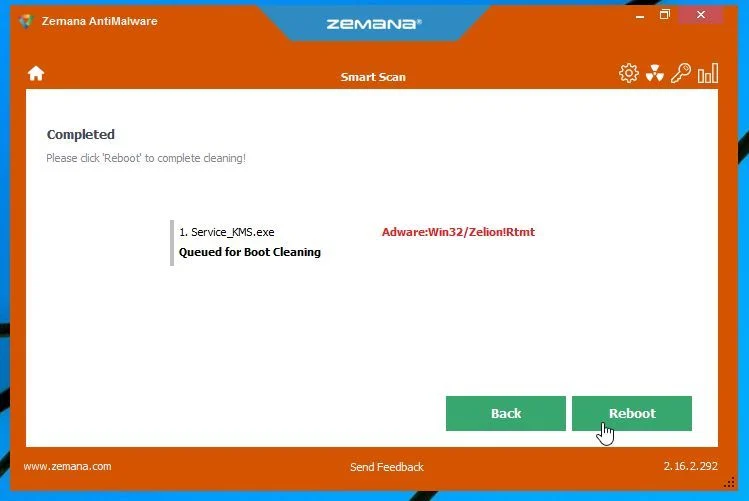 Click on the Reboot button to remove malware Zemana AntiMalware Reboot