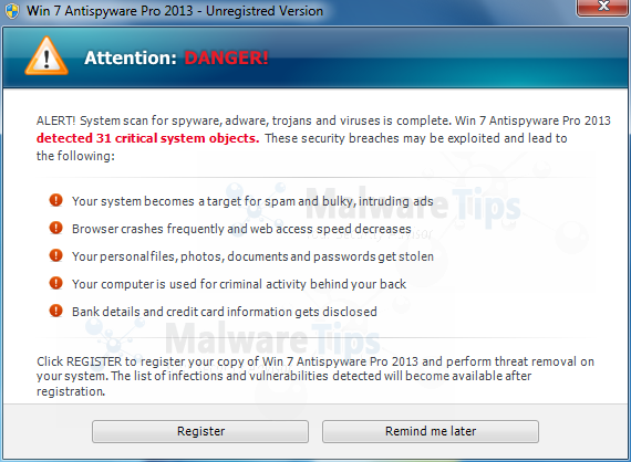 Win 7 Antispyware Pro 2013 Alert Win 7 Antispyware Pro 2013 Warning