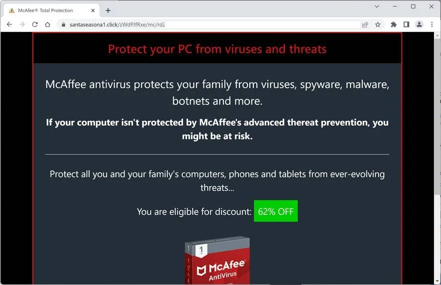 Image: Santaseasona1.click Fake McAfee Virus Alert