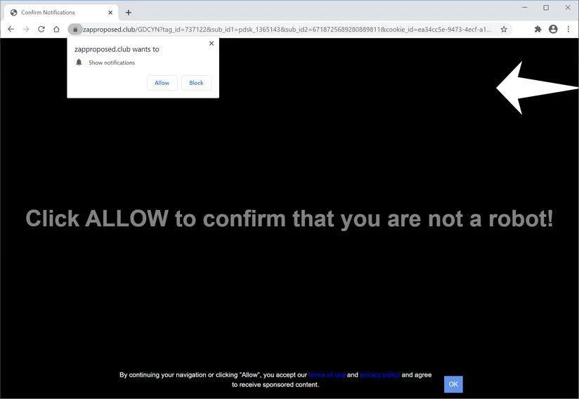 Image: Chrome browser is redirected to Zapproposed.club