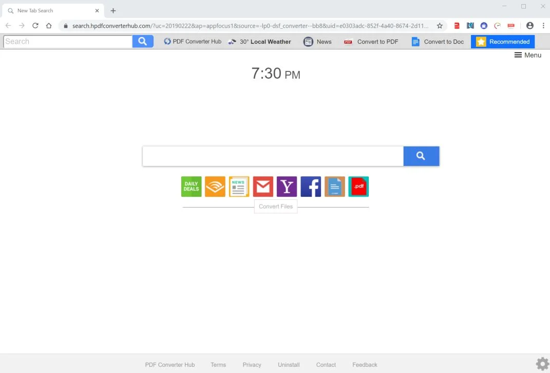 Remove Search.hpdfconverterhub.com redirect (Virus Removal Guide) 1 Image: Chrome browser is redirected to the search.hpdfconverterhub.com site