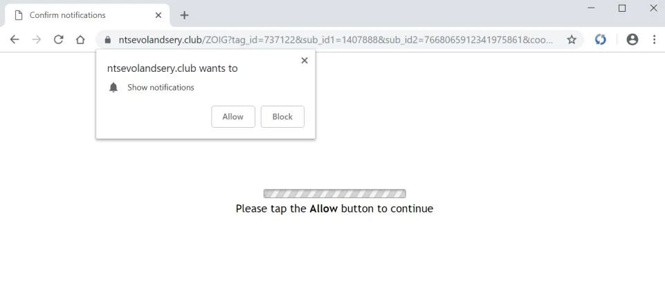 Image: Chrome browser is redirected to the Ntsevolandsery.club site