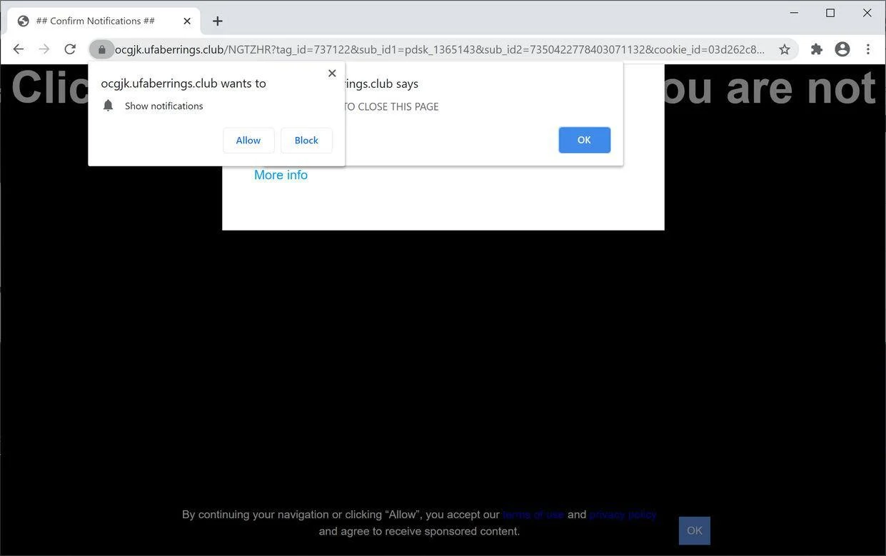 Remove Ufaberrings.club pop-up ads (Virus Removal Guide) 1 Image: Chrome browser is redirected to Ufaberrings.club