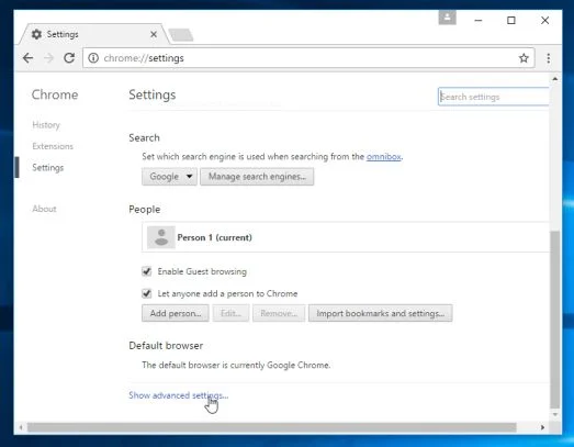 Click on Show advanced settings link Google Chrome Advanced Settings