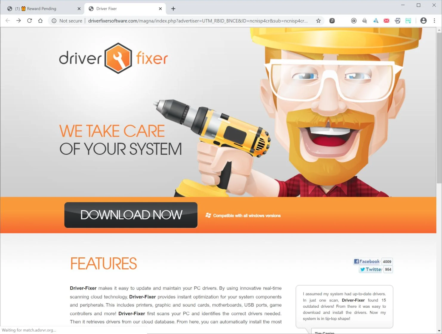 Image: Chrome browser is redirected to Driverfixersoftware.com