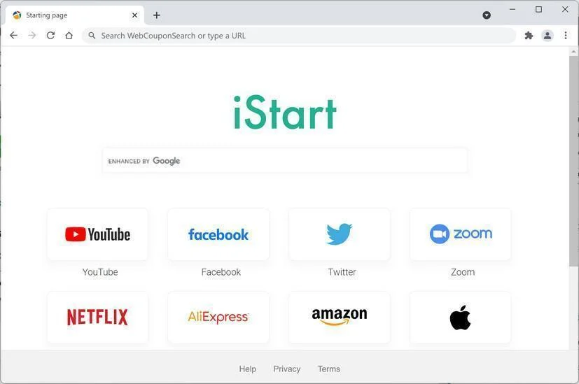 Image: Chrome browser is redirected through Internet-start.net