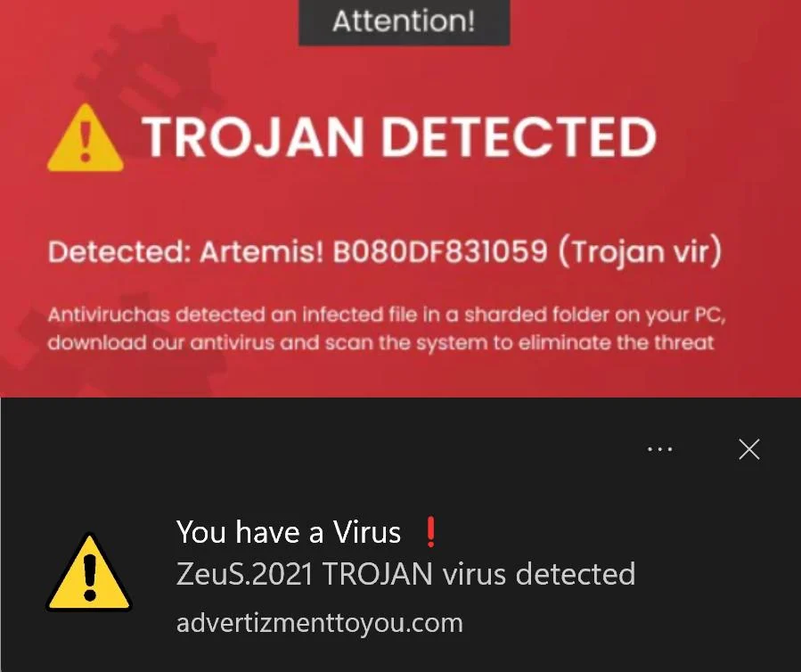 Detected Artemis! B0b0DF831059 (Trojan vir) Pop-up Scam 1 Detected Artemis! B0b0DF831059 (Trojan vir)