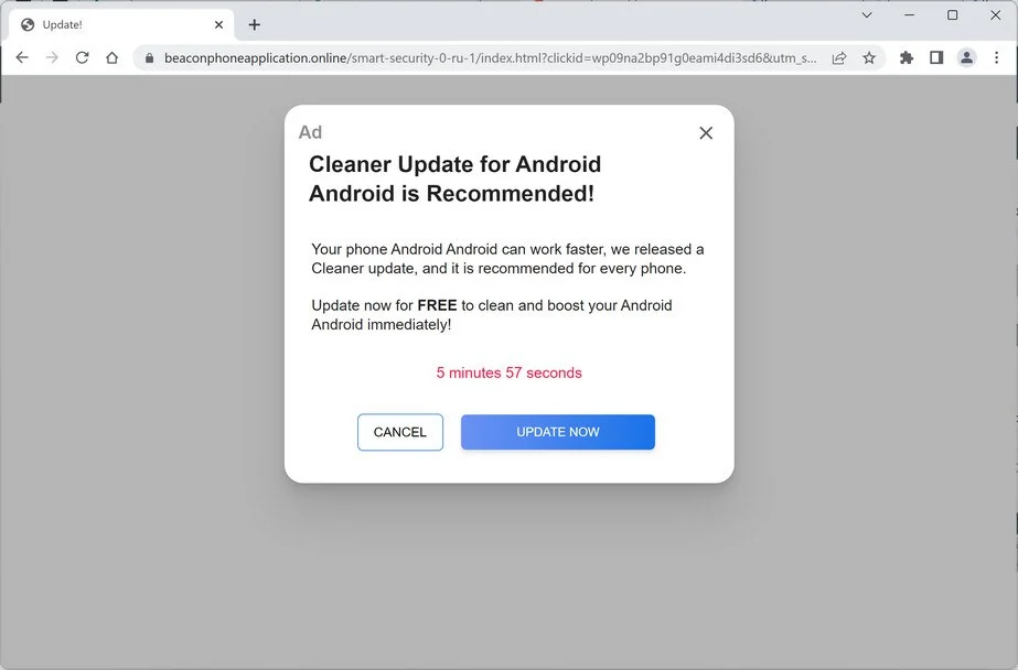 Image: Chrome browser is redirected to Beaconphoneapplication.online
