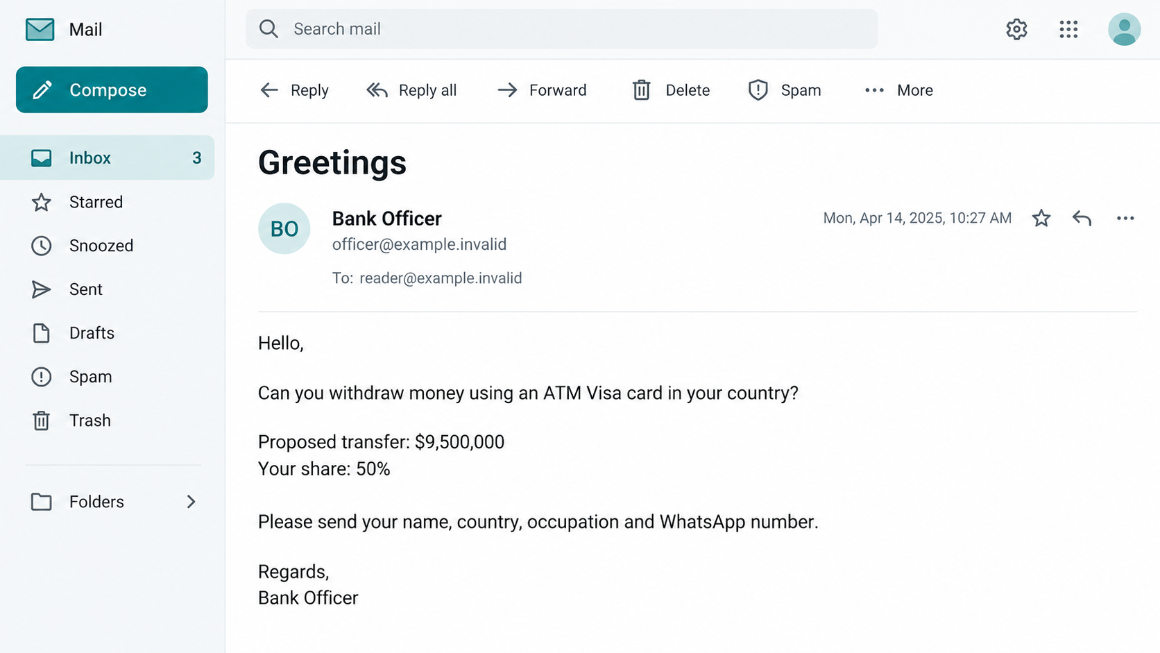 Illustrative ATM Visa card email offering a share of $9.5 million and requesting personal details