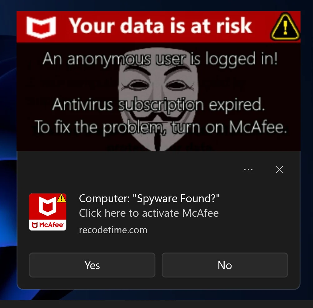 Image: Your Data Is At Risk Pop-up Ads