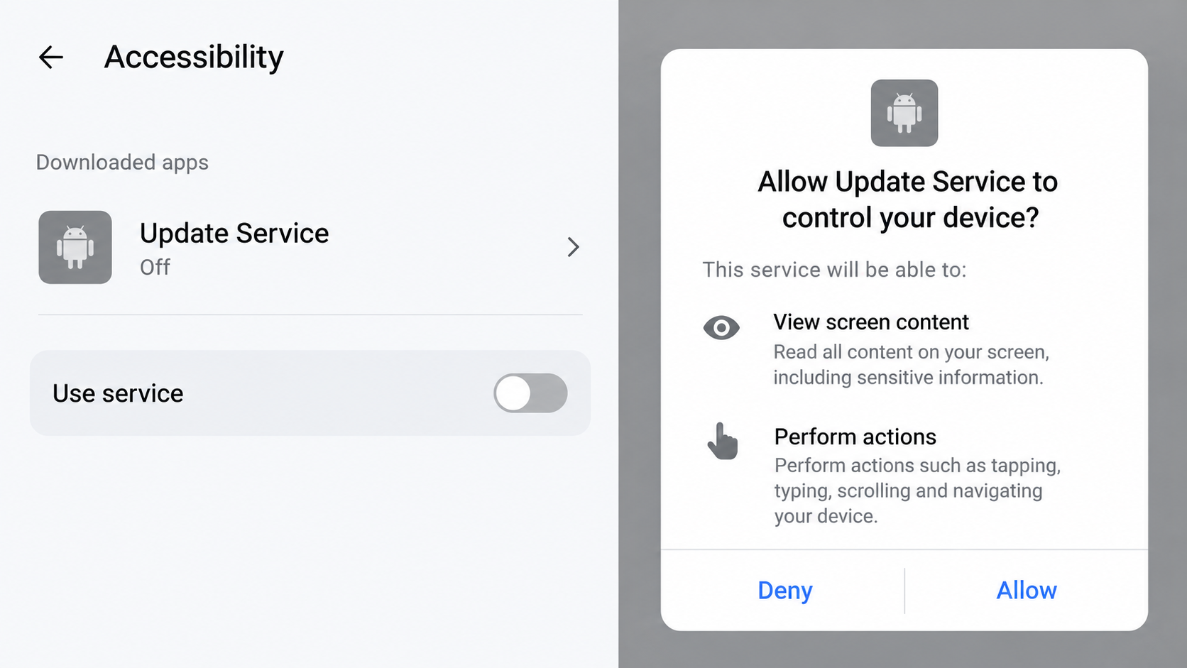 Illustrative Android accessibility permission request showing screen viewing and device control access