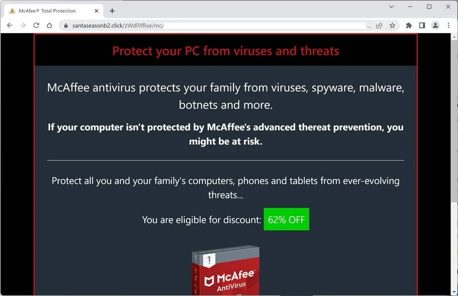 Image: Santaseasonb2.click Fake McAfee Virus Alert