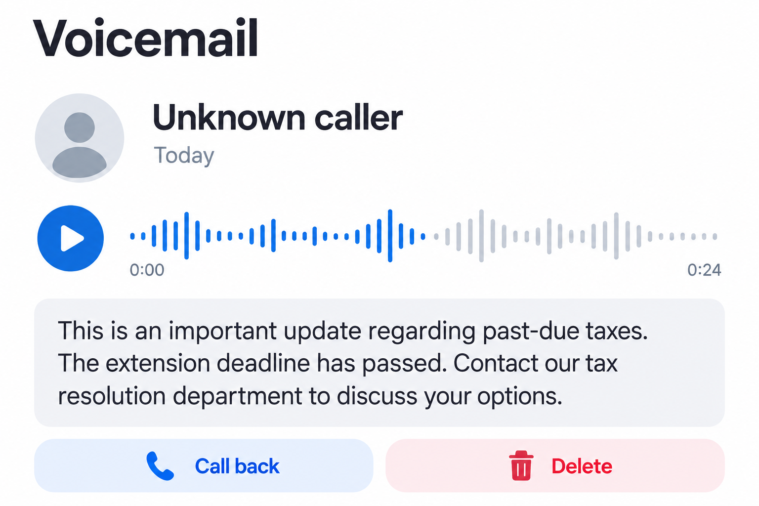 Illustrative voicemail interface showing a generic urgent tax-resolution message