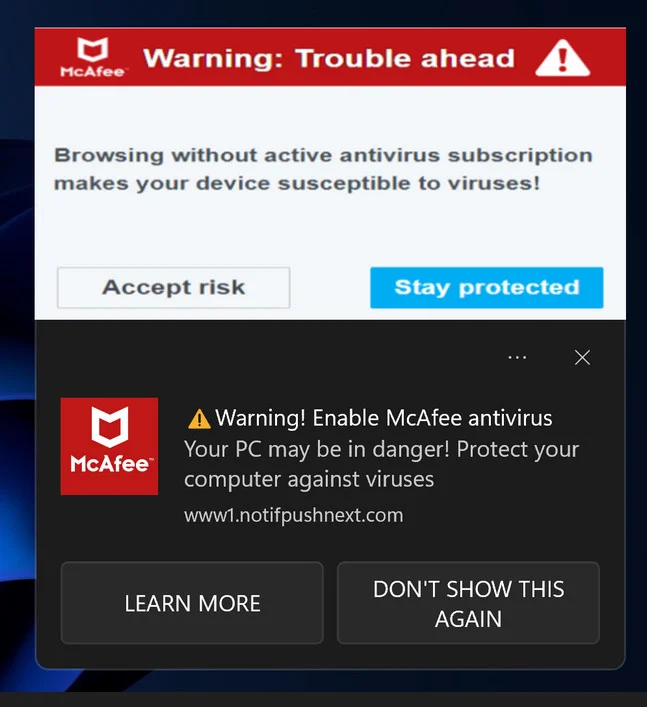 How To Remove "McAfee Your Info Was Stolen" Pop-up Scam 1 Screenshot of McAfee Your Info Was Stolen Pop-up Ads