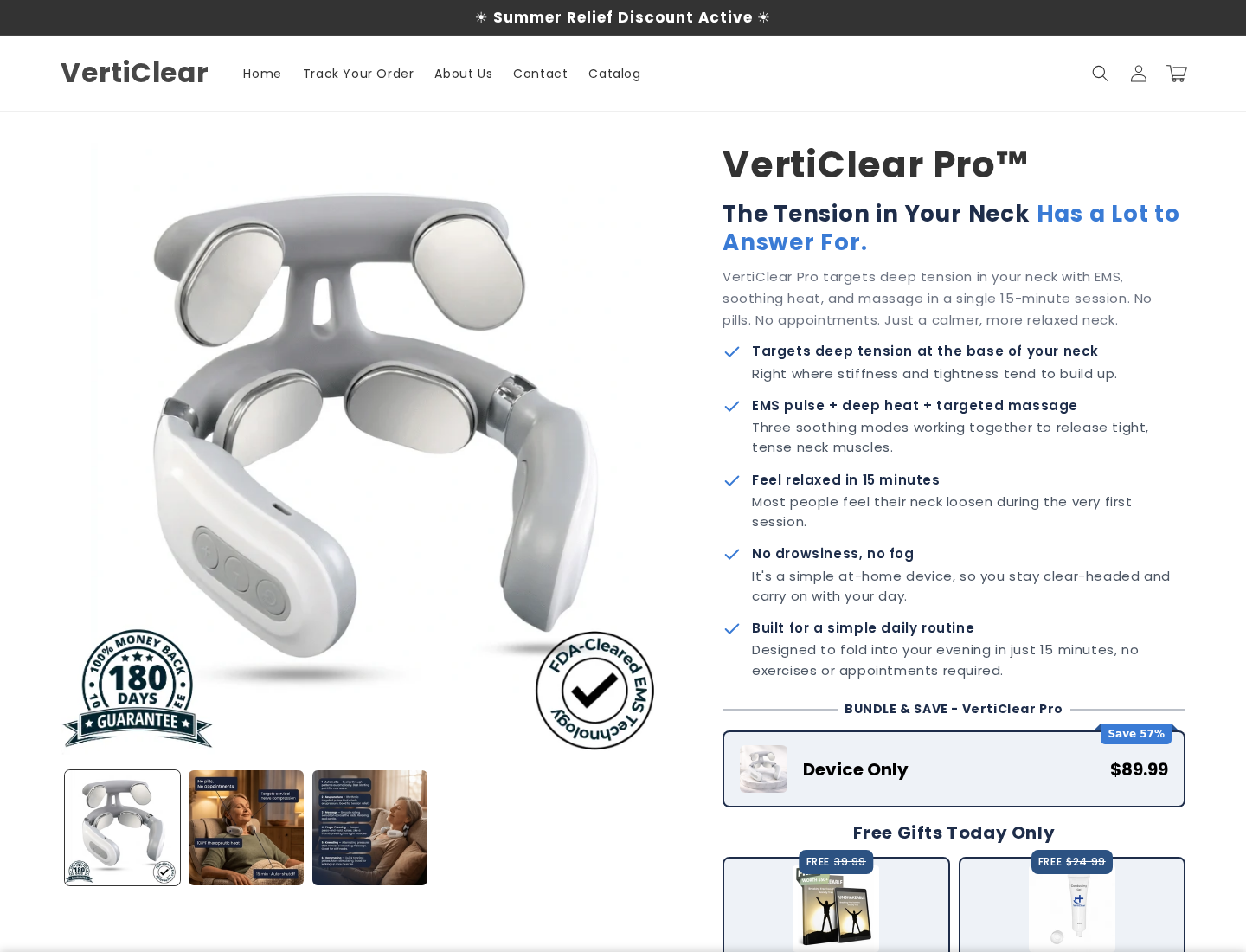 VertiClear Pro neck device sales page with its advertised $89.99 offer
