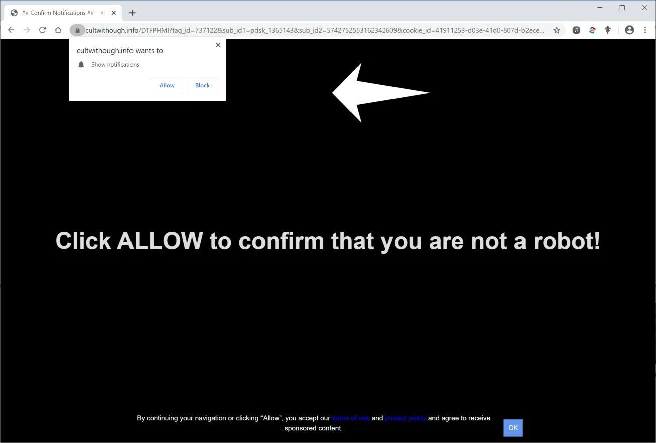 Remove Cultwithough.info pop-up ads (Virus Removal Guide) 1 Image: Chrome browser is redirected to Cultwithough.info