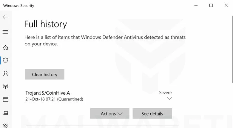 Trojan:JS/CoinHive.A Deteted By Windows Defender Malware