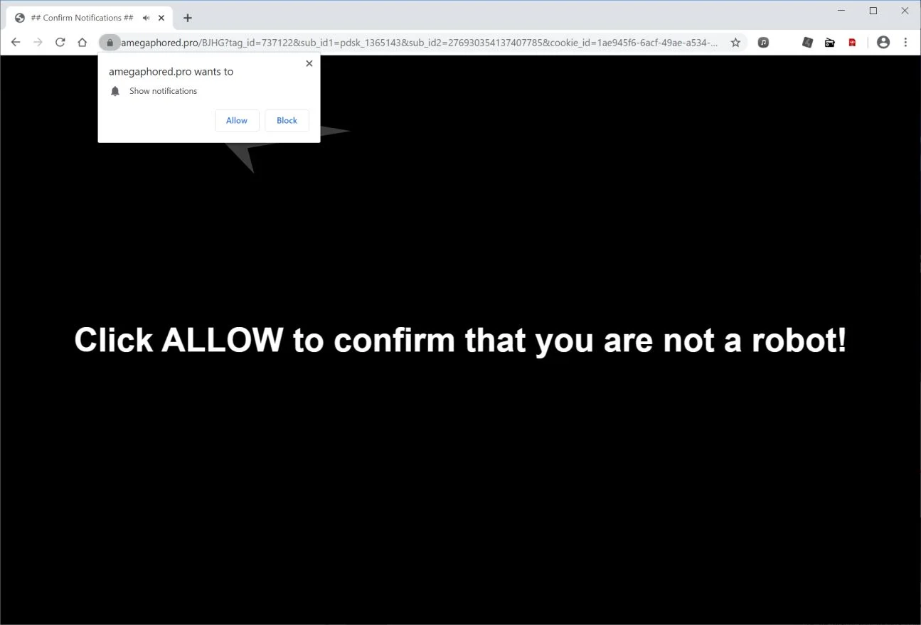 Image: Chrome browser is redirected to Amegaphored.pro