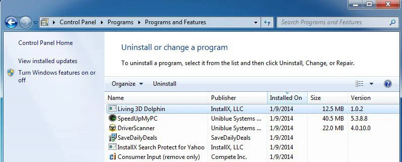 [Image: Uninstall InstallX Search Protect for Yahoo programs from Windows]