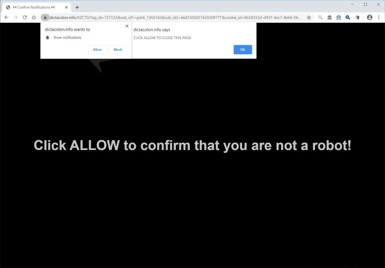 Image: Chrome browser is redirected to Dictacolon.info