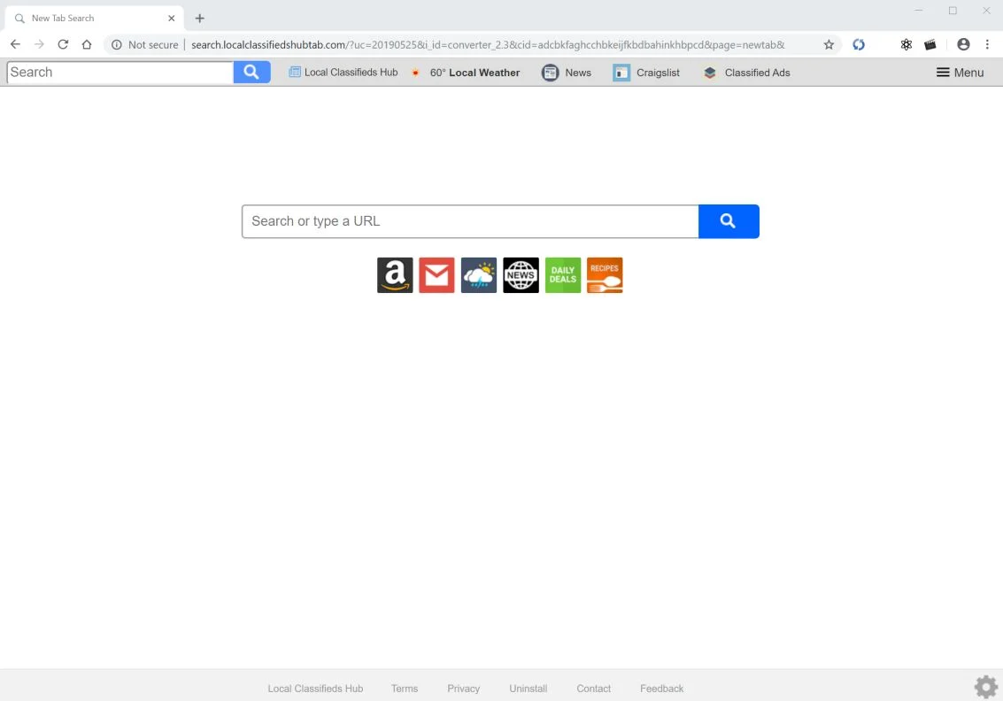Image: Chrome browser is redirected to search.localclassifiedshubtab.com