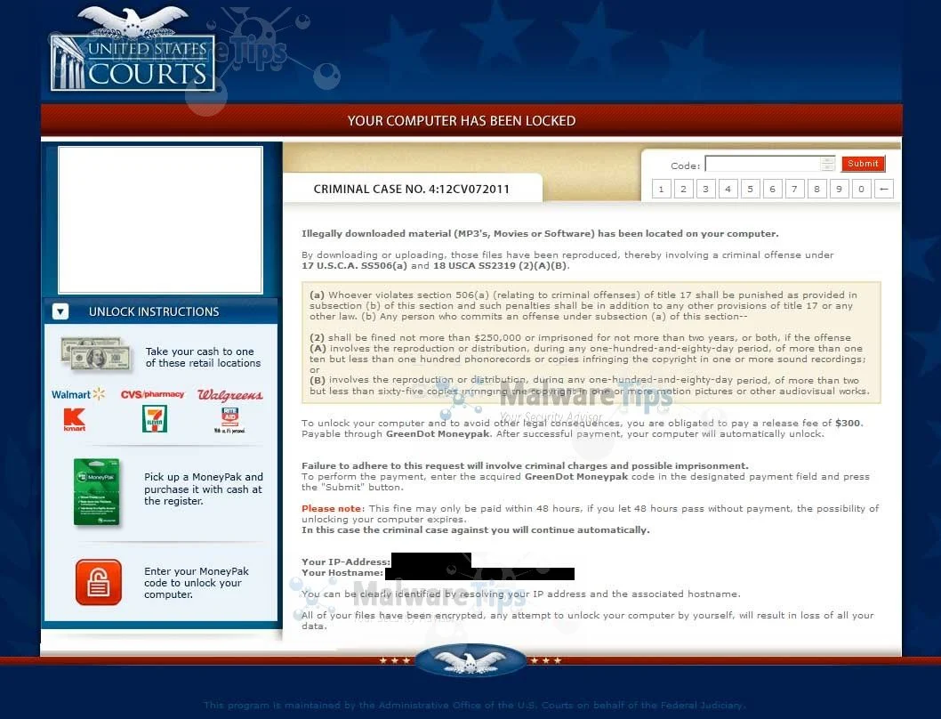 [Image:  United States Courts MoneyPak virus]