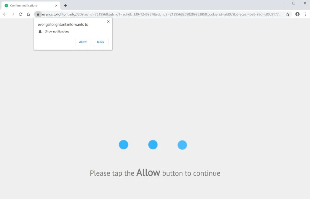  Image: Chrome browser is redirected to the Evengsitolightont.info site