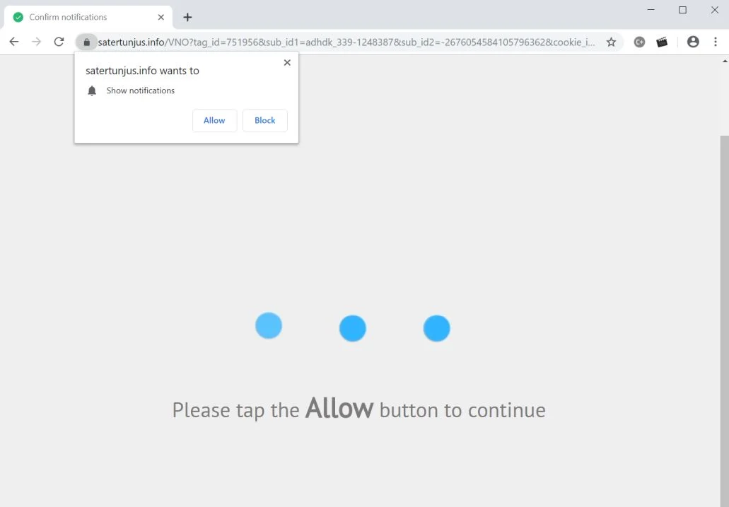 Image: Chrome browser is redirected to the Satertunjus.info site