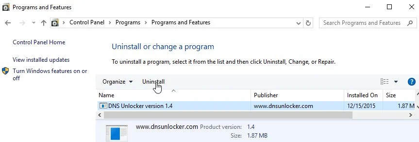 Uninstall DNSUnlocker from Windows Uninstall DNSUnlocker version 1.4