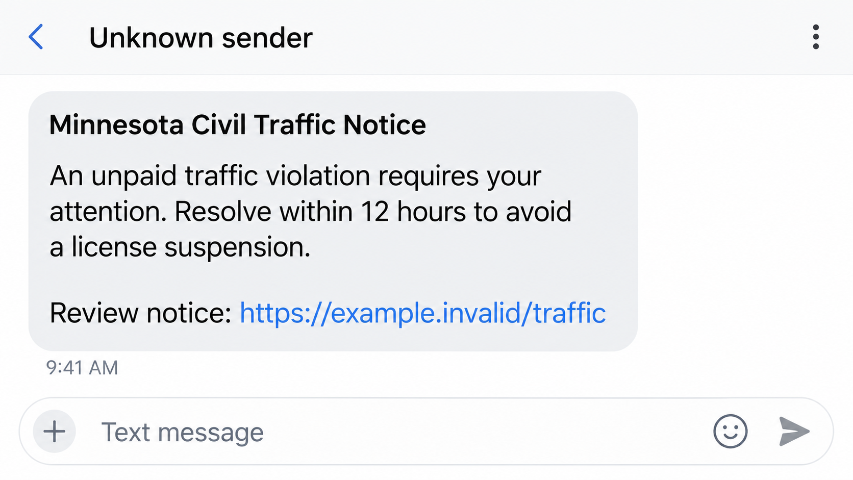 Illustrative Minnesota Civil Traffic Notice phishing text using a nonfunctional example address and a fictional deadline