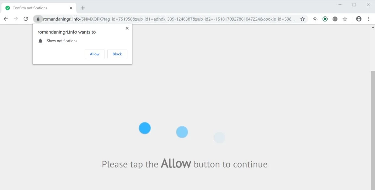 Image: Chrome browser is redirected to the Romandaningri.info site