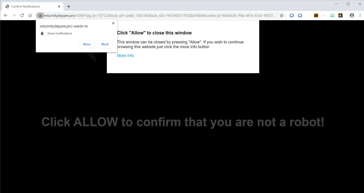 Image: Chrome browser is redirected to Returnitydepare.pro