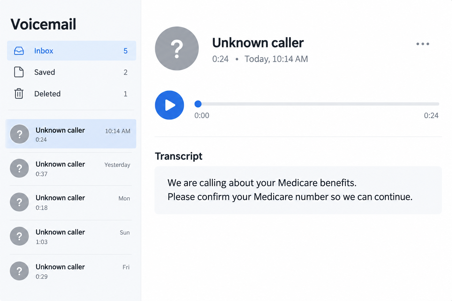 Medicare Scam Calls: How to Cut the Calls and Protect Your Medicare Number 1 Invented voicemail interface illustrating a caller requesting a Medicare number