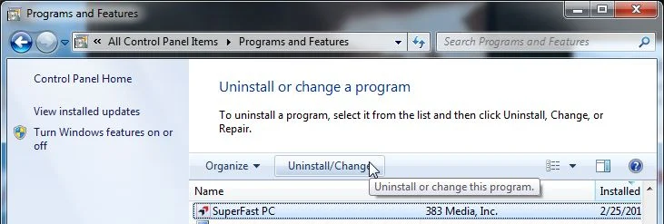 [Image: Uninstall SuperFast PC program from Windows]