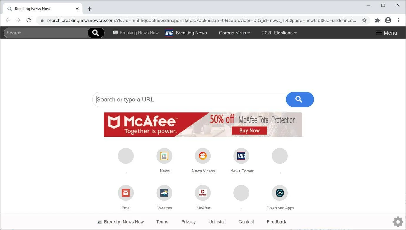 Image: Chrome browser is redirected to Search.breakingnewsnowtab.com