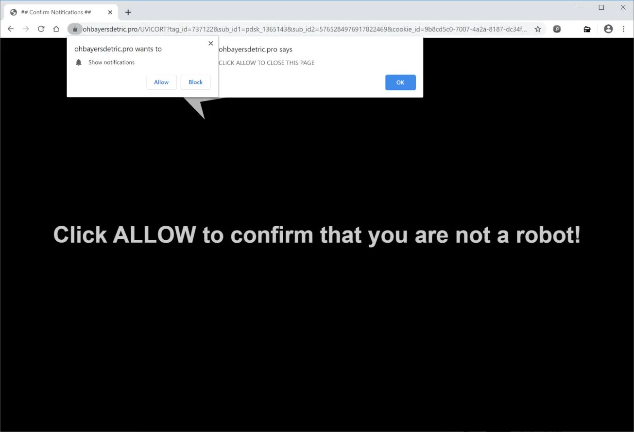 Image: Chrome browser is redirected to Ohbayersdetric.pro