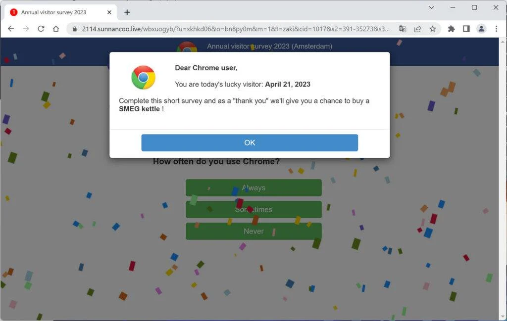Screenshot of Sunnancoo.live Fake Survey